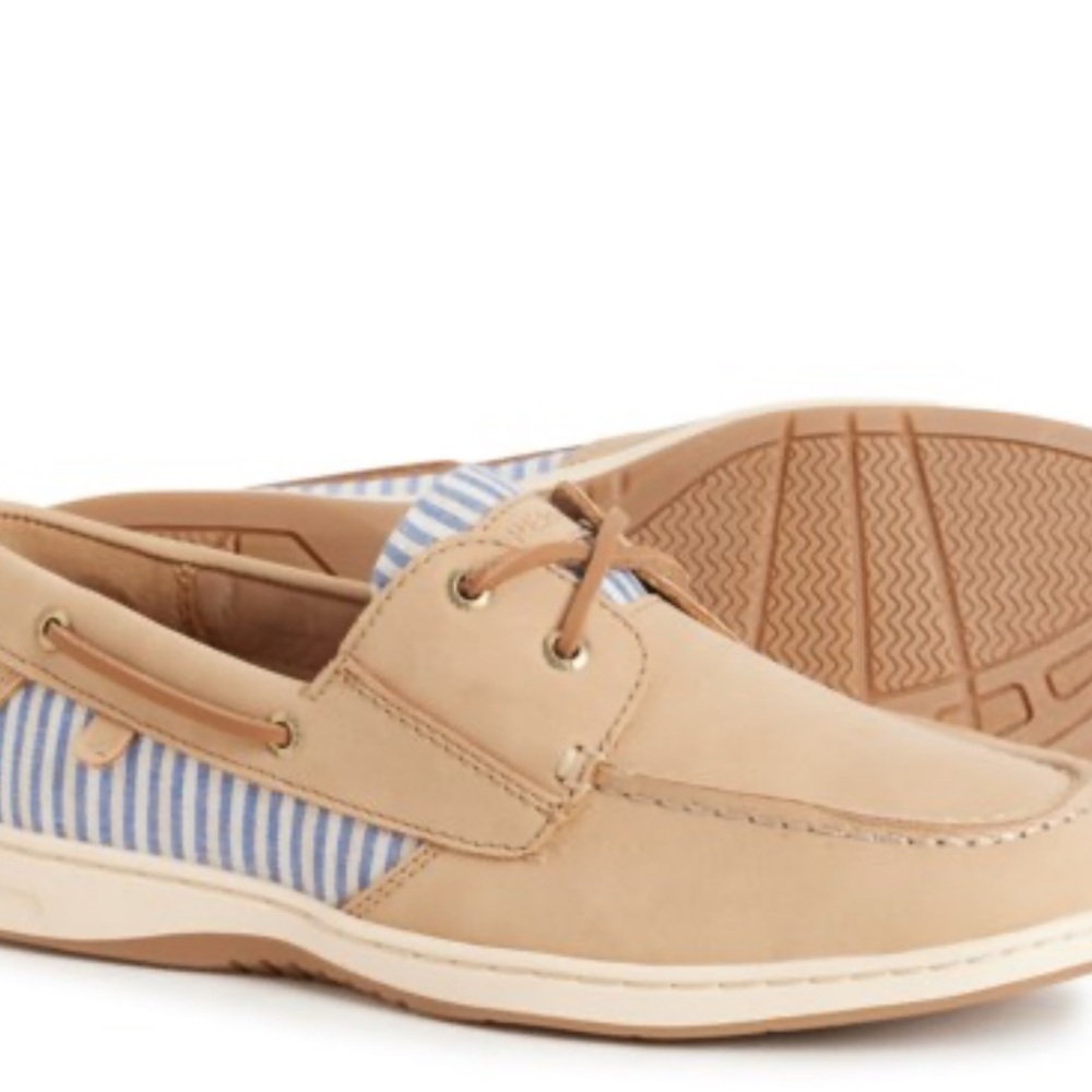 Sperry Whalefish Cream Boat Shoes with Blue linen Stripes 9.5 9 1/2 NEW NWT